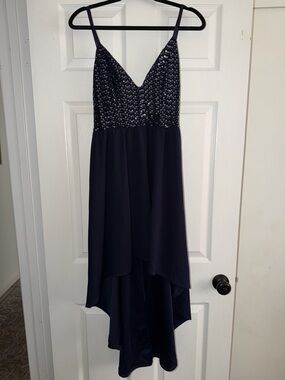 Navy Spaghetti-Strap High-Low Dress with Embellished Bodice
